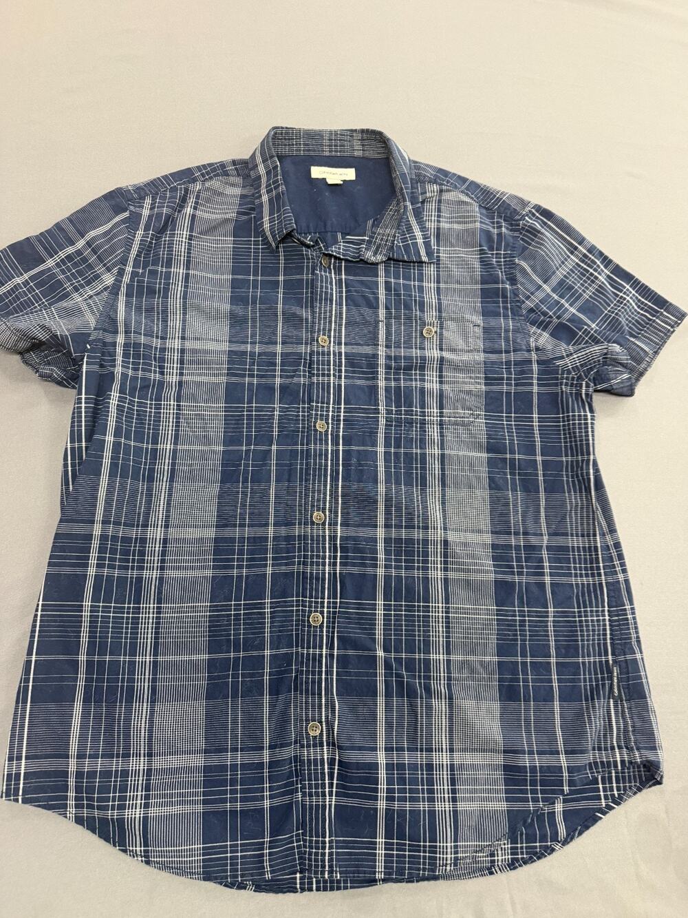 Calvin Klein Men's L Blue Plaid Shirt Short Sleeve Button Up Cotton